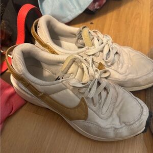 Nike White and Gold Retro Sneakers